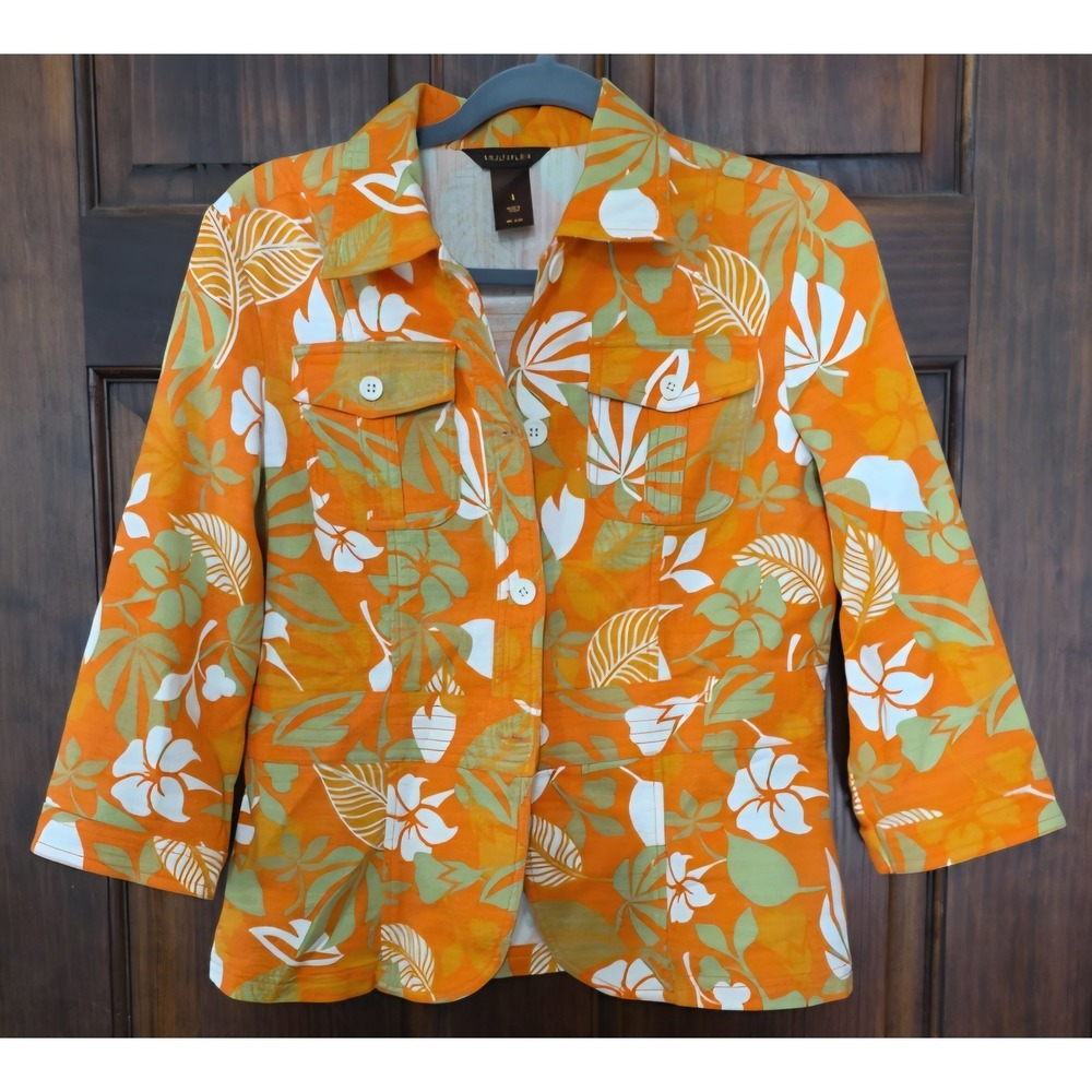 Vintage Multiples Womens Orange Tropical Floral Button Front Jacket Small